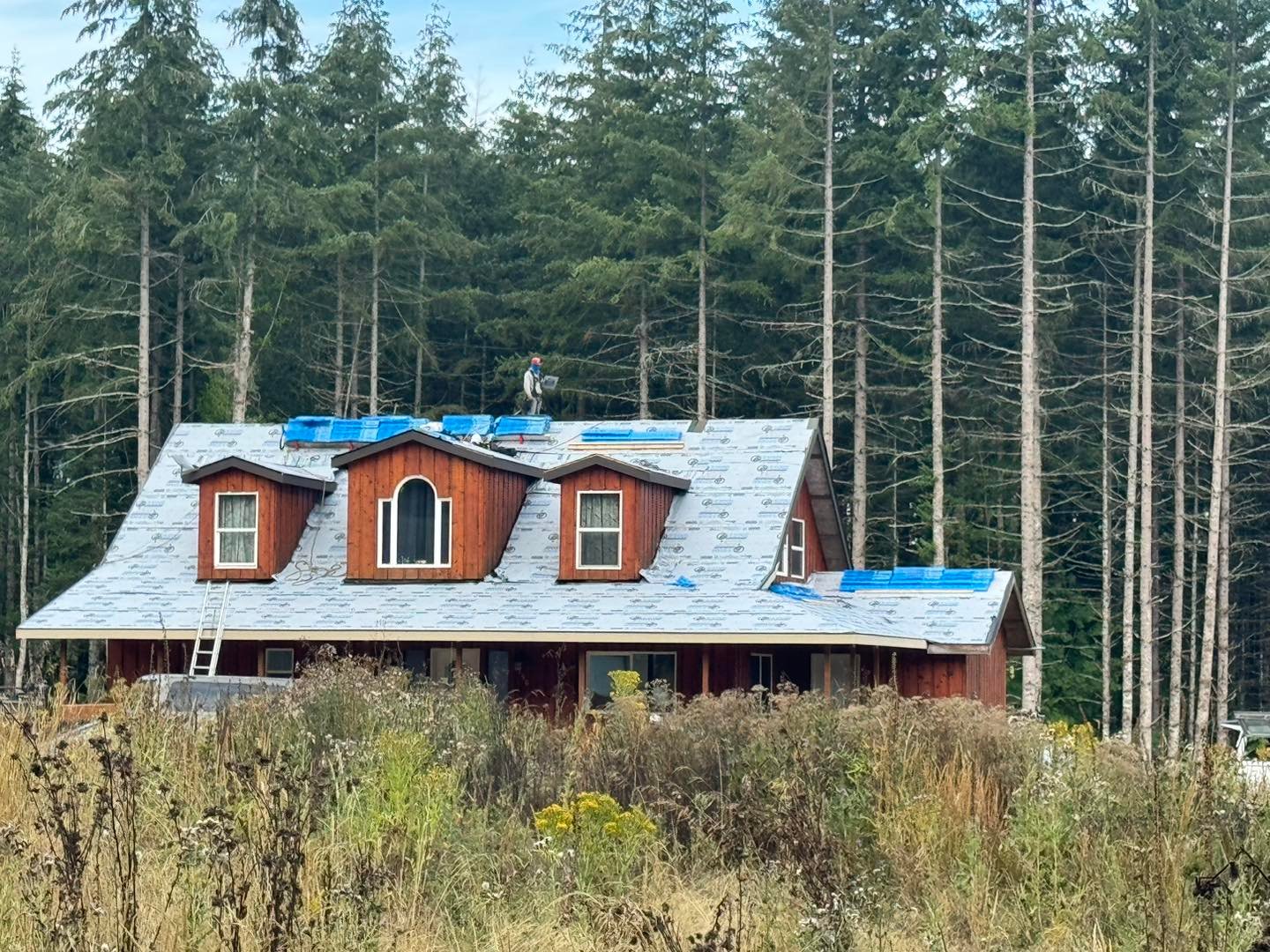Cedar-sided home with three dormers and ice and water shield being installed during a re-roof in Cowlitz County, WA